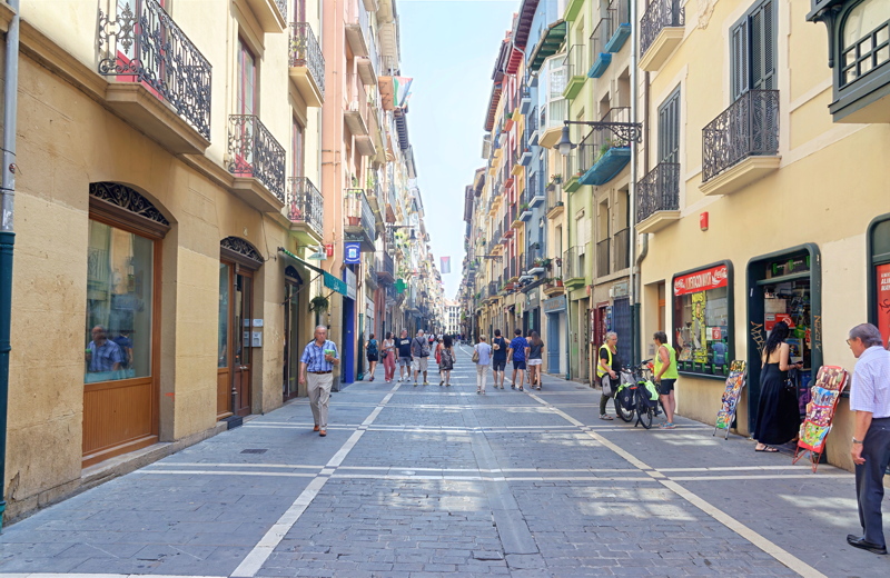 13 - The famous Calle Estafeta in the historic center of Pamplona, Spain, known worldwide as the running-of-the-bulls path during the San Fermín festival